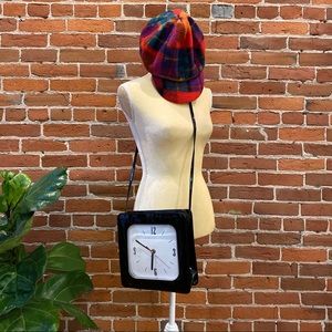 Vintage Y2K Black Faux Patent Leather Clock Purse, Crossbody Handbag 2000s
